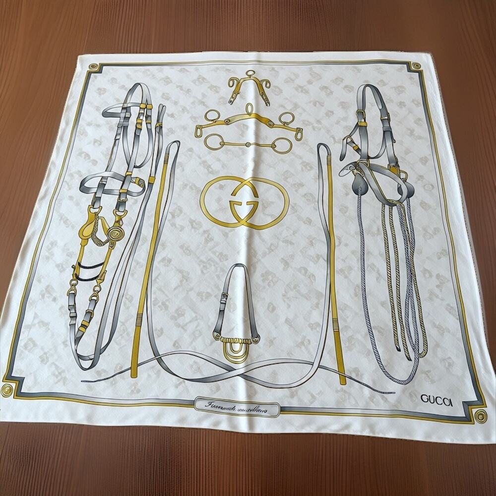 Authentic VTG Gucci Silk Scarf Finimenti in Selleria Equestrian Horse Bit 80s